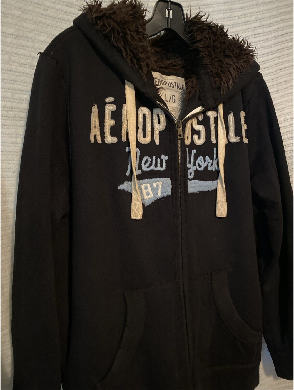 Aeropostale Mens Lg Fur Lined Faux Full Zip Hoodie Black New York 87 Jacket